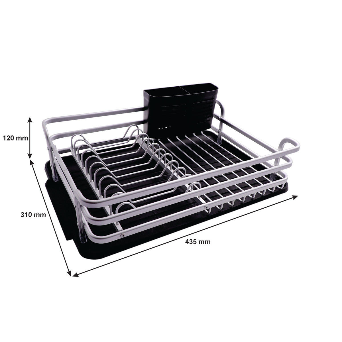 DISH RACK SILVER ALUMINIUM WITH BLACK PLASTIC UTENSIL HOLDER & TRAY, 428X318MM