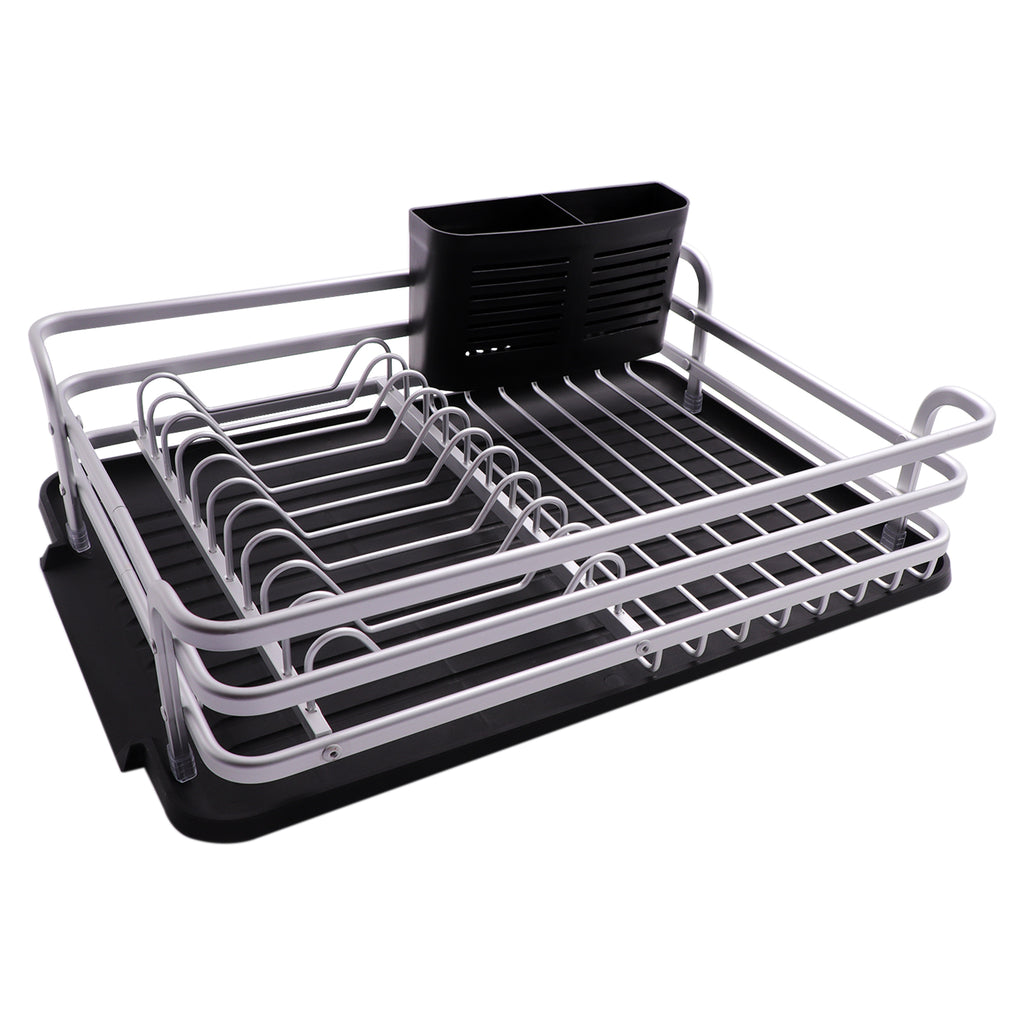 DISH RACK SILVER ALUMINIUM WITH BLACK PLASTIC UTENSIL HOLDER & TRAY, 428X318MM