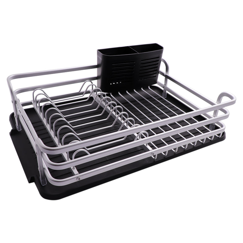 DISH RACK SILVER ALUMINIUM WITH BLACK PLASTIC UTENSIL HOLDER & TRAY, (440X315X115MM)