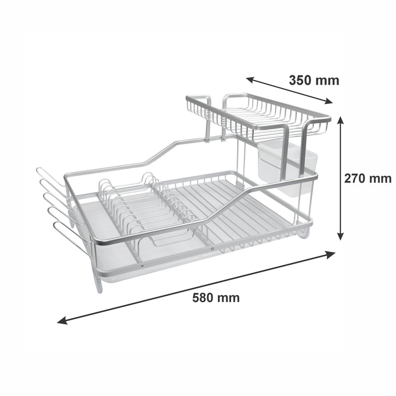DOUBLE DISH RACK SILVER ALUMINIUM WITH OPAQUE PLASTIC UTENSIL HOLDER AND TRAY,
