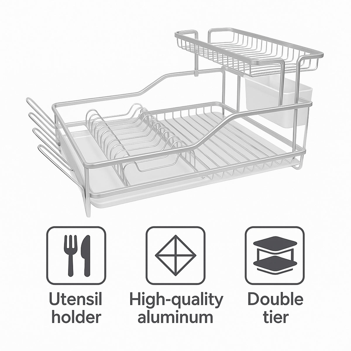 DOUBLE DISH RACK SILVER ALUMINIUM WITH OPAQUE PLASTIC UTENSIL HOLDER AND TRAY,