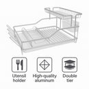 DOUBLE DISH RACK SILVER ALUMINIUM WITH OPAQUE PLASTIC UTENSIL HOLDER AND TRAY,