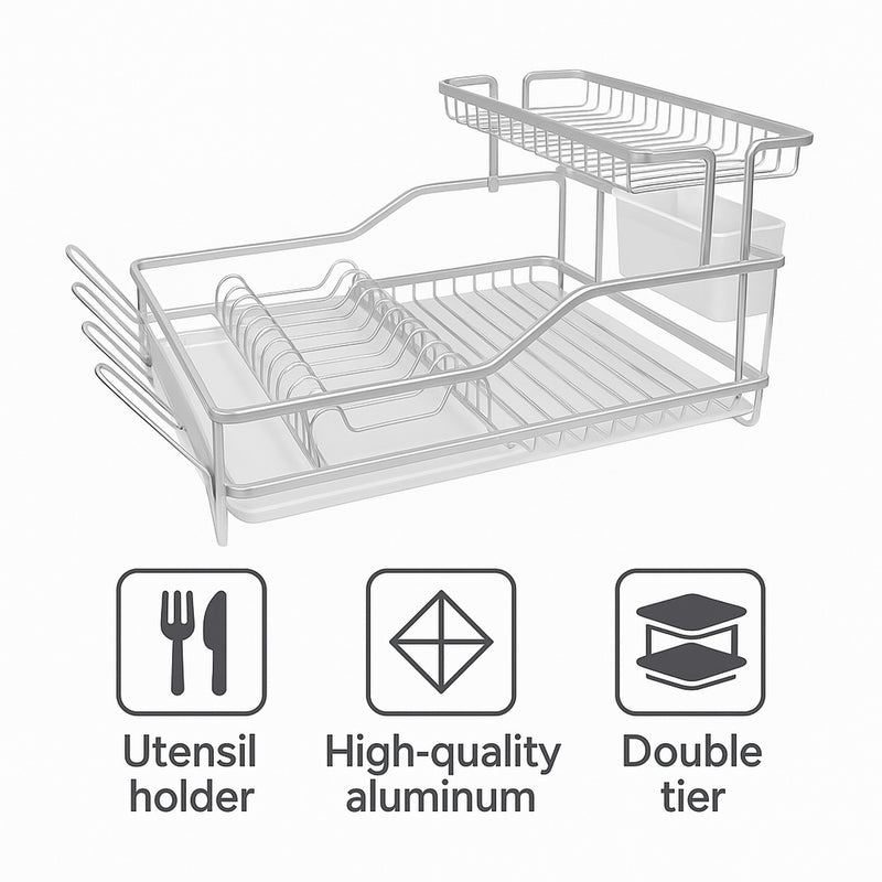 DOUBLE DISH RACK SILVER ALUMINIUM WITH OPAQUE PLASTIC UTENSIL HOLDER AND TRAY,