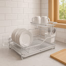 DOUBLE DISH RACK SILVER ALUMINIUM WITH OPAQUE PLASTIC UTENSIL HOLDER AND TRAY,