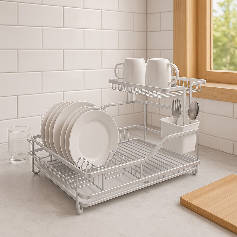 DOUBLE DISH RACK SILVER ALUMINIUM WITH OPAQUE PLASTIC UTENSIL HOLDER AND TRAY,