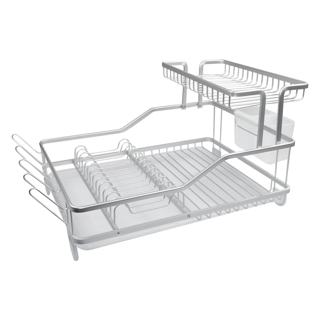 DOUBLE DISH RACK SILVER ALUMINIUM WITH OPAQUE PLASTIC UTENSIL HOLDER AND TRAY,