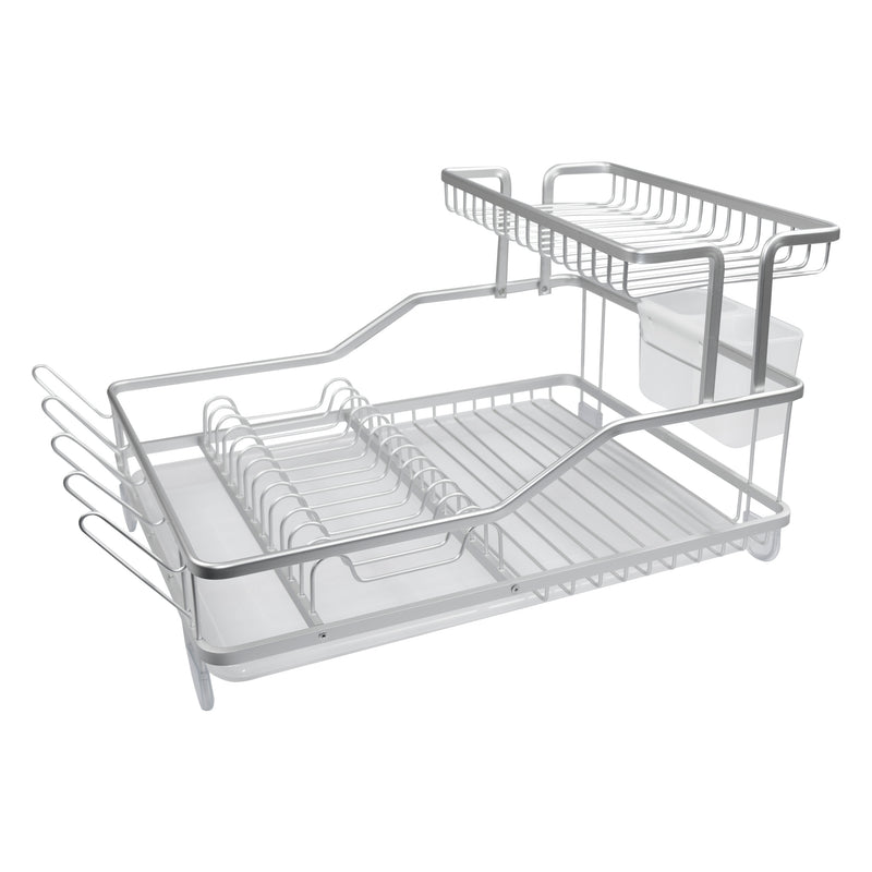 DOUBLE DISH RACK SILVER ALUMINIUM WITH OPAQUE PLASTIC UTENSIL HOLDER AND TRAY,