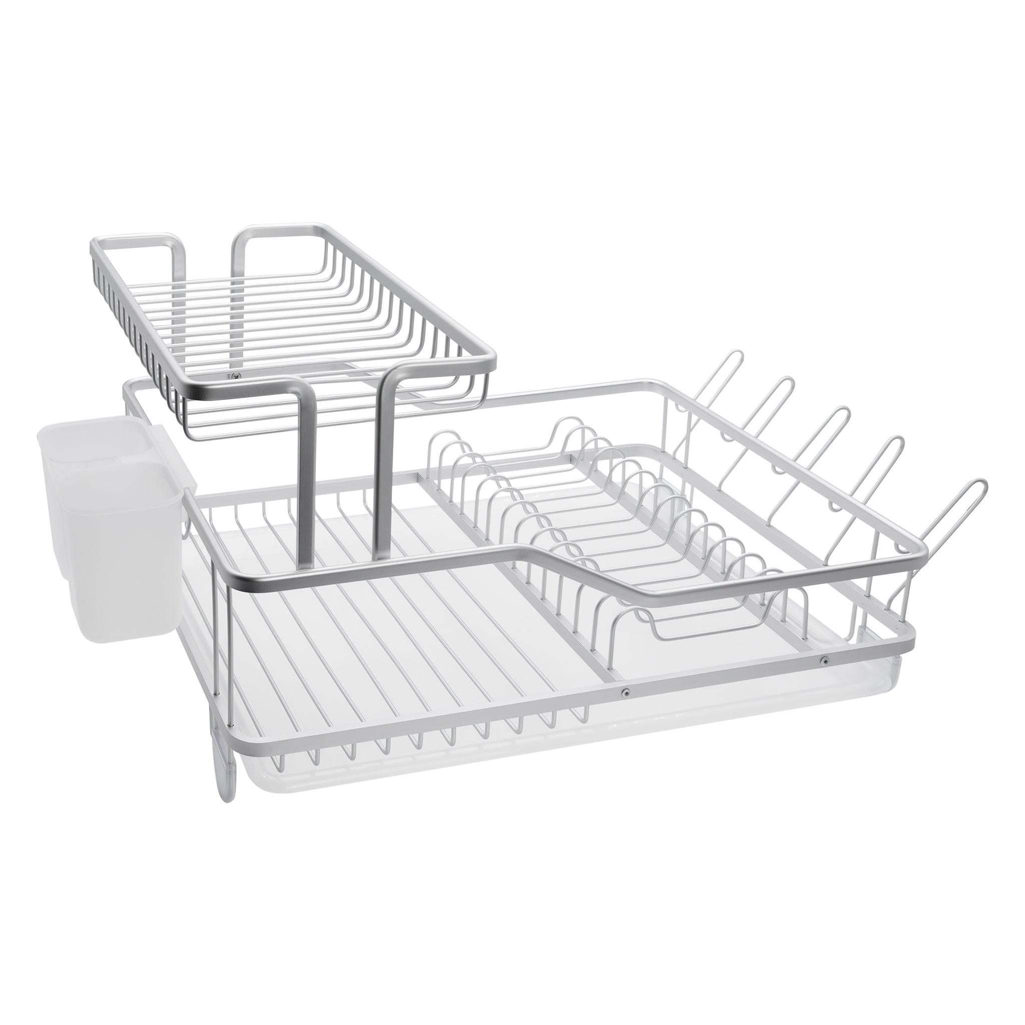 DOUBLE DISH RACK SILVER ALUMINIUM WITH OPAQUE PLASTIC UTENSIL HOLDER AND TRAY,