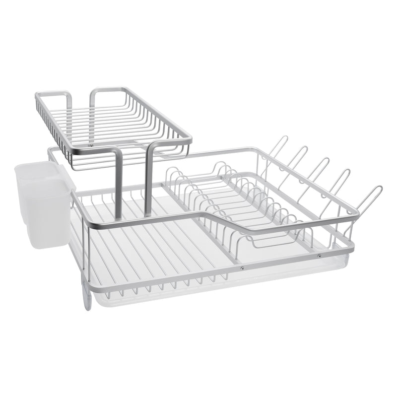 DOUBLE DISH RACK SILVER ALUMINIUM WITH OPAQUE PLASTIC UTENSIL HOLDER AND TRAY,