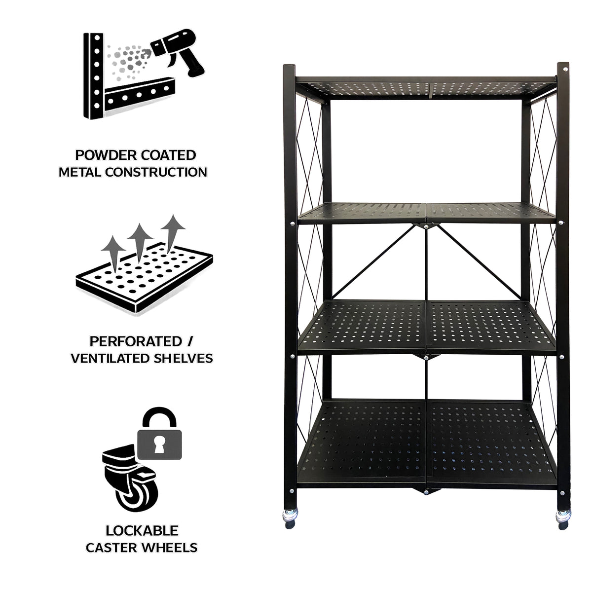 STORAGE RACK FOLDABLE 4 SHELF BLACK, 715X365X1275MM