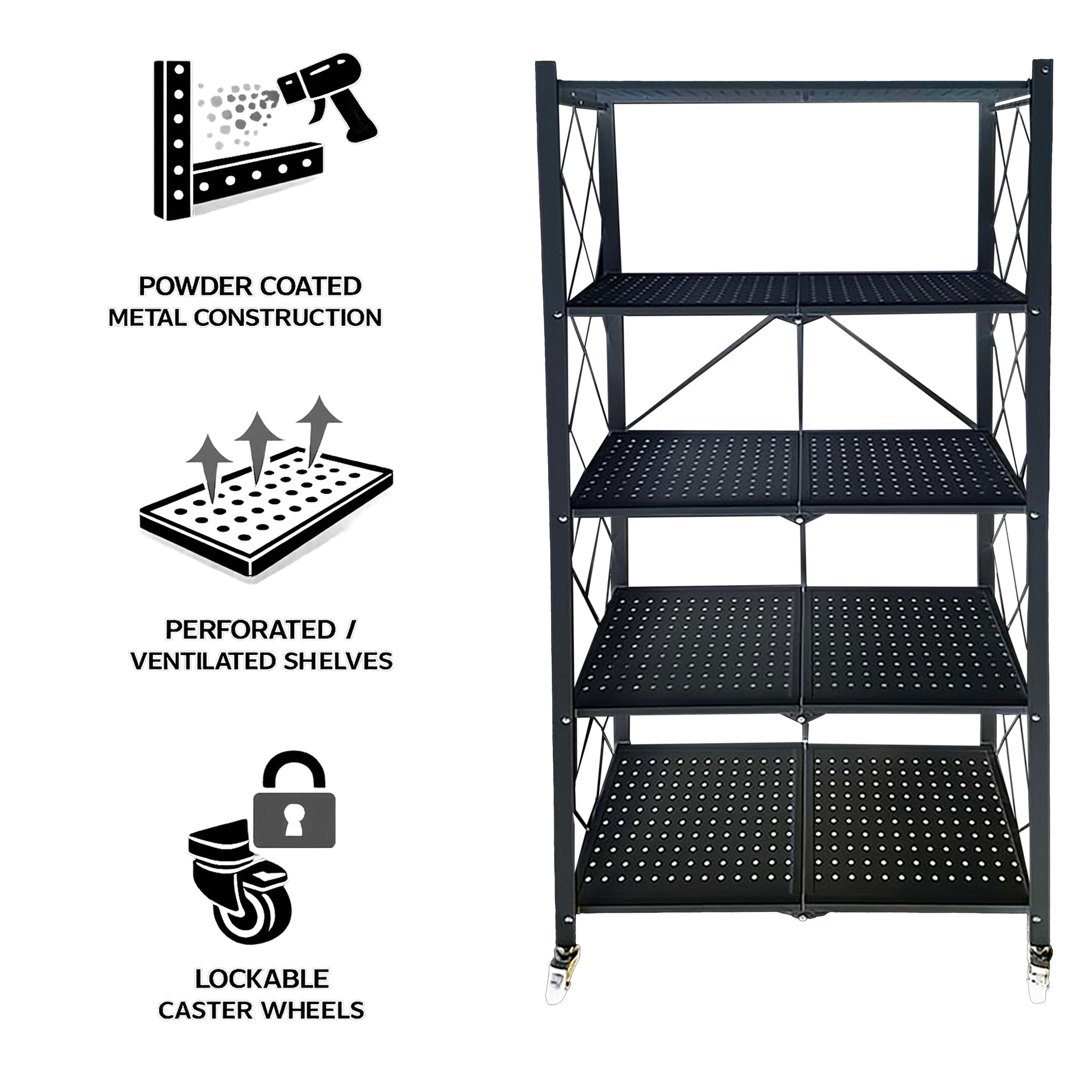 FOLDABLE STORAGE RACK 5 SHELF POWDER COATED BLACK, 715X365X1613MM