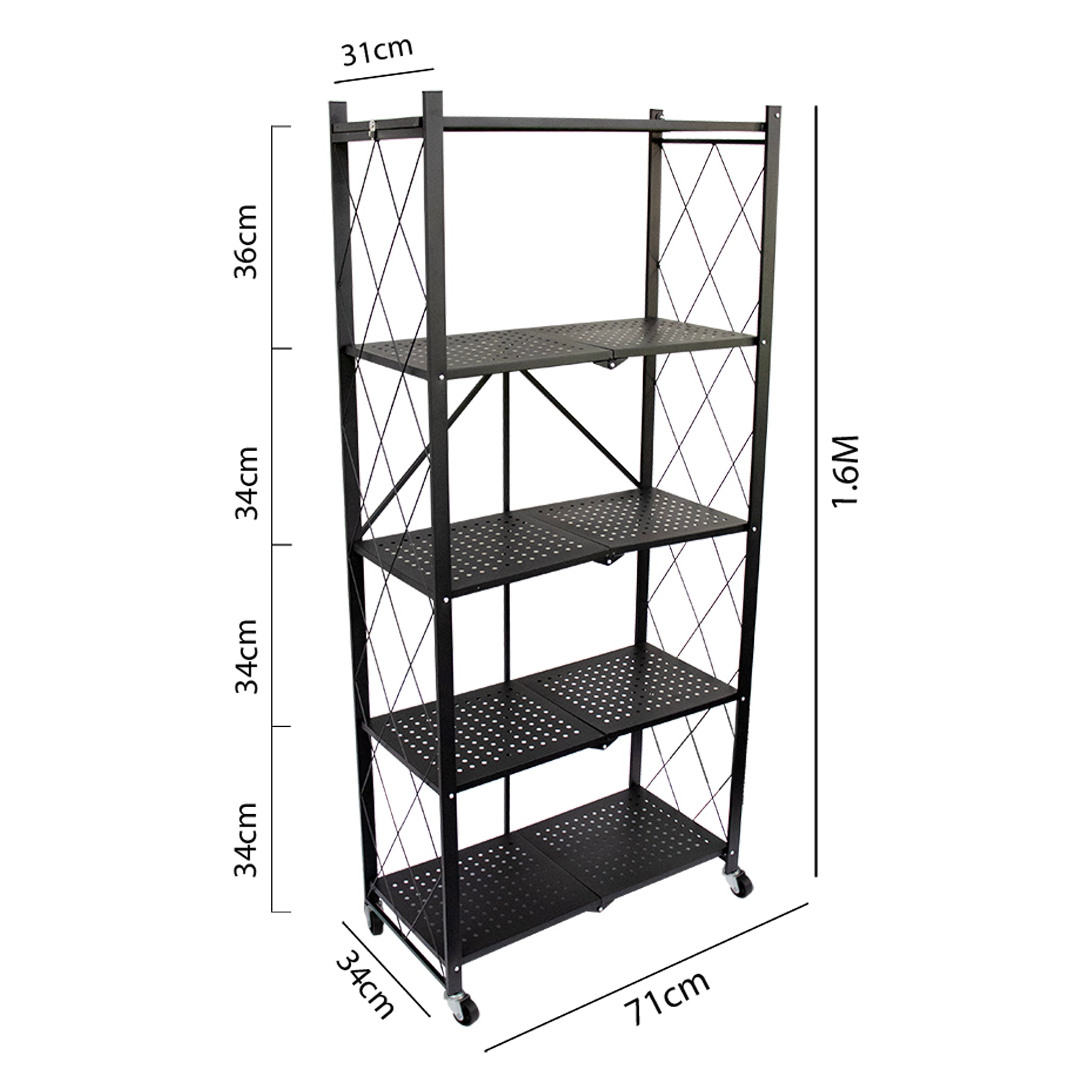 FOLDABLE STORAGE RACK 5 SHELF POWDER COATED BLACK, 715X365X1613MM