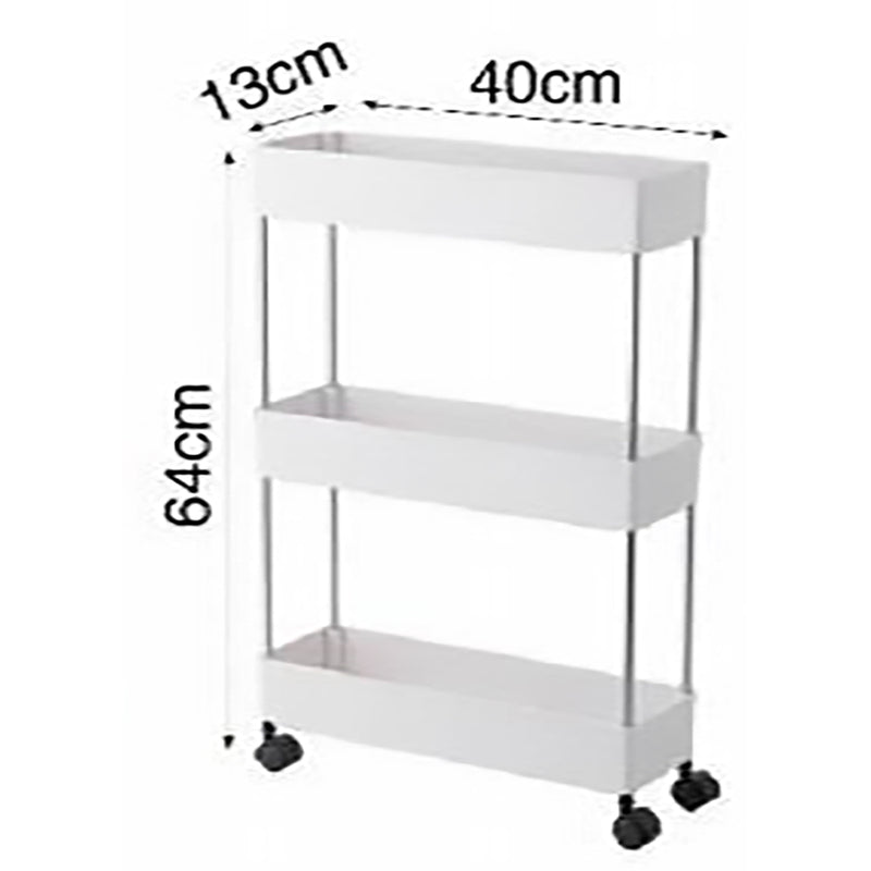 STORAGE RACK 3 SHELF WHITE WITH SWIVEL WHEELS PP PLASTIC AND STAINLESS STEEL, (640X220X400MM)