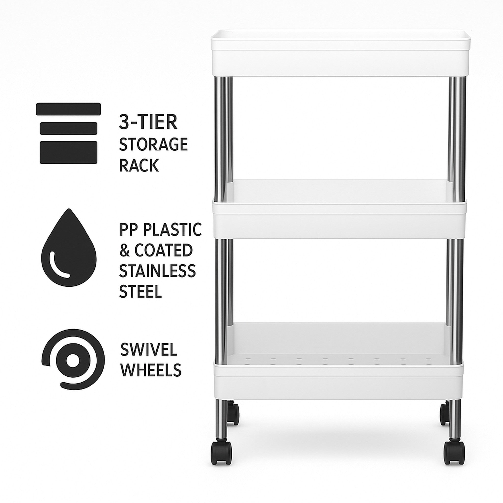 STORAGE RACK 3 SHELF WHITE ON SWIVEL WHEELS PP PLASTIC AND ST STEEL, 400X200MM