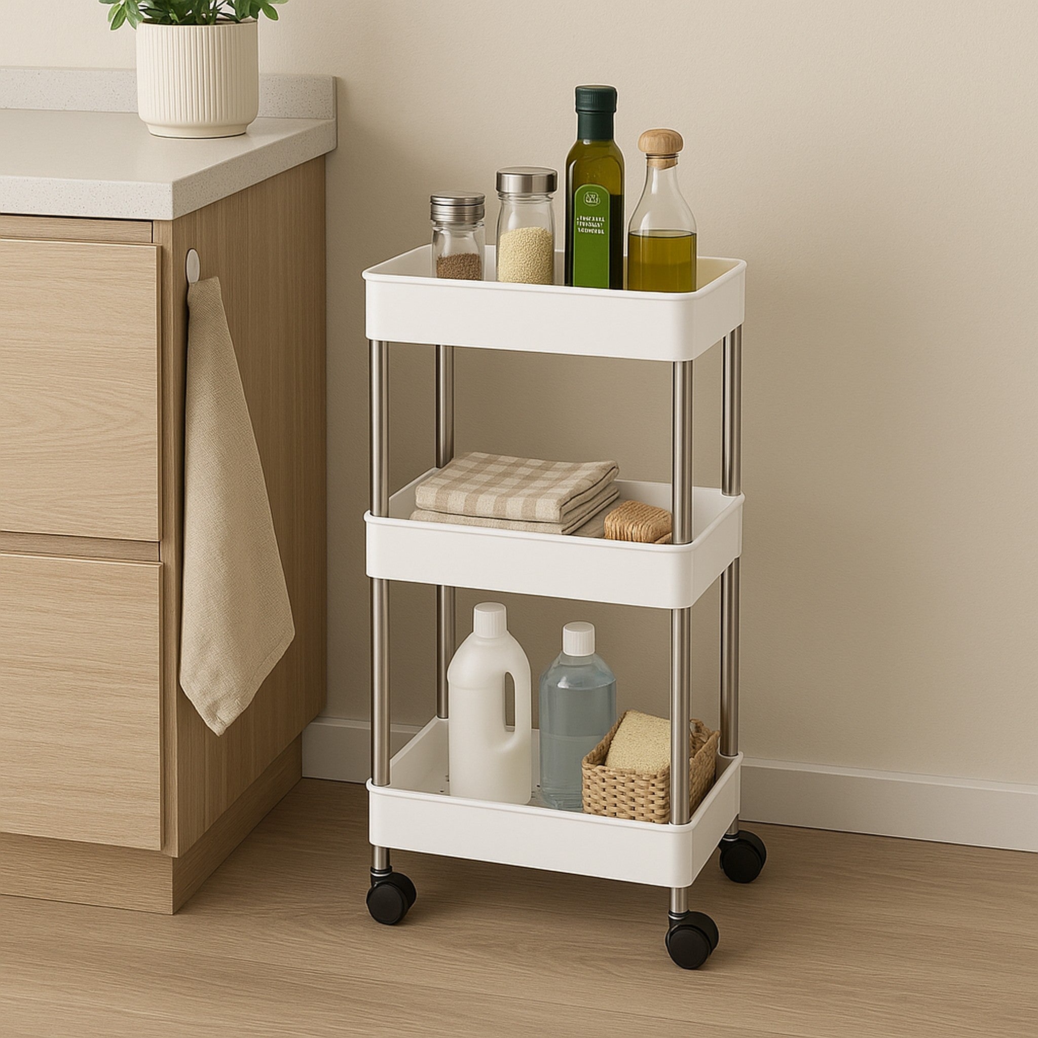 STORAGE RACK 3 SHELF WHITE ON SWIVEL WHEELS PP PLASTIC AND ST STEEL, 400X200MM