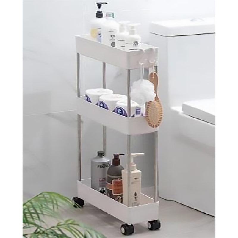 STORAGE RACK 3 SHELF WHITE WITH SWIVEL WHEELS PP PLASTIC AND STAINLESS STEEL, (640X220X400MM)