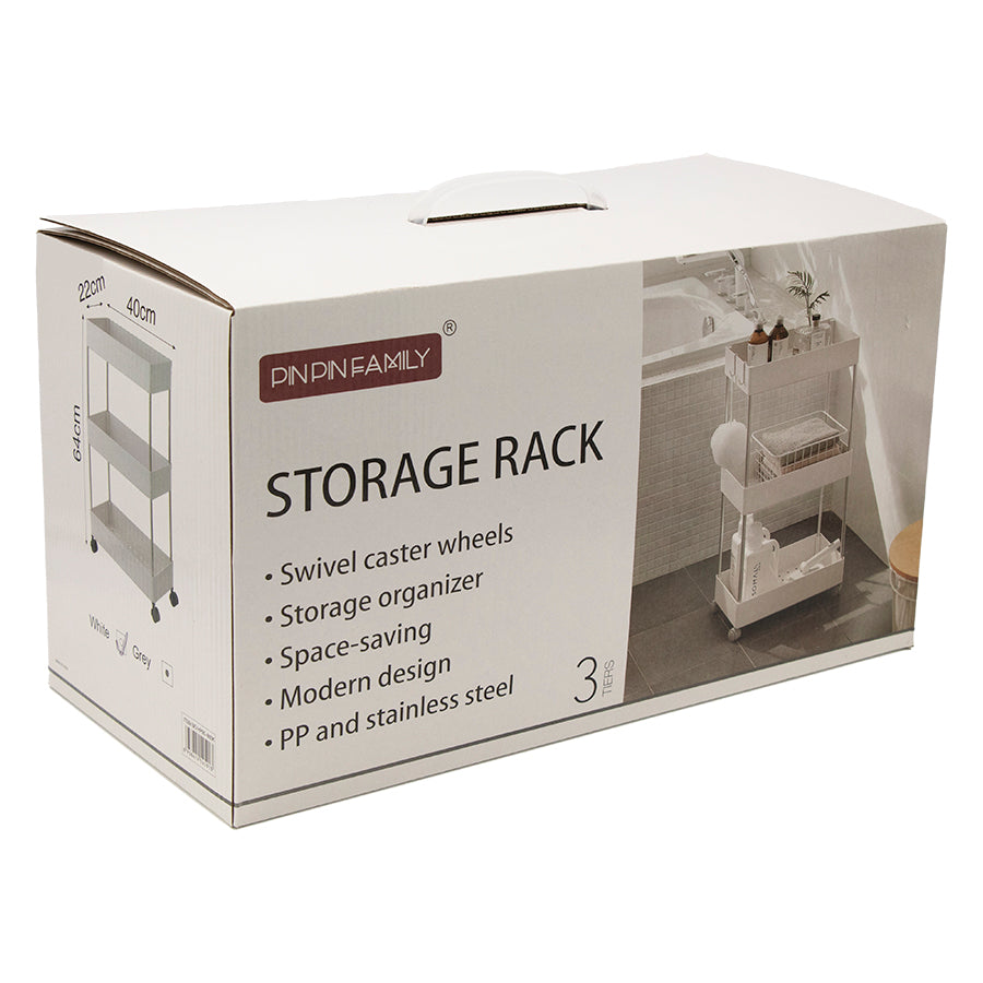 STORAGE RACK 3 SHELF WHITE ON SWIVEL WHEELS PP PLASTIC AND ST STEEL, 400X200MM