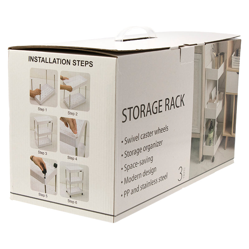 STORAGE RACK 3 SHELF WHITE WITH SWIVEL WHEELS PP PLASTIC AND STAINLESS STEEL, (640X220X400MM)