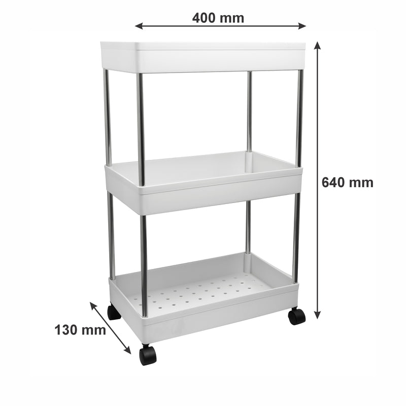STORAGE RACK 3 SHELF WHITE WITH SWIVEL WHEELS PP PLASTIC AND STAINLESS STEEL,