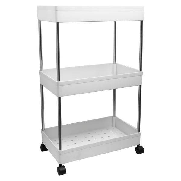 STORAGE RACK 3 SHELF WHITE WITH SWIVEL WHEELS PP PLASTIC AND STAINLESS STEEL,