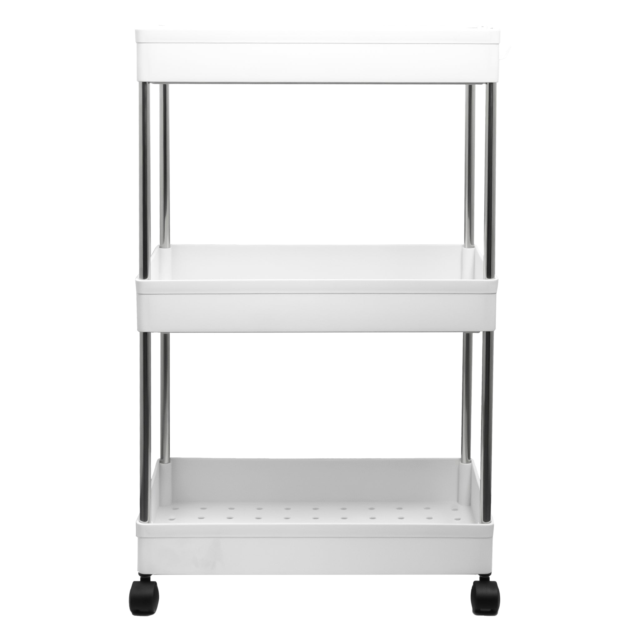 STORAGE RACK 3 SHELF WHITE ON SWIVEL WHEELS PP PLASTIC AND ST STEEL, 400X200MM