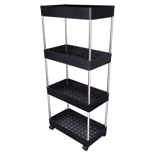 STORAGE RACK 4 SHELF BLACK WITH SWIVEL WHEELS PP AND STAINLESS STEEL,