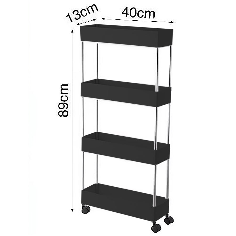 STORAGE RACK 4 SHELF BLACK ON SWIVEL WHEELS PP AND ST STEEL, 400X200MM