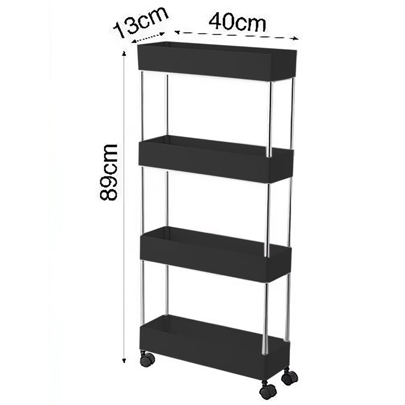 STORAGE RACK 4 SHELF BLACK WITH SWIVEL WHEELS PP AND STAINLESS STEEL, (890X220X400MM)