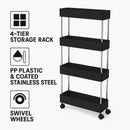 STORAGE RACK 4 SHELF BLACK ON SWIVEL WHEELS PP AND ST STEEL, 400X200MM