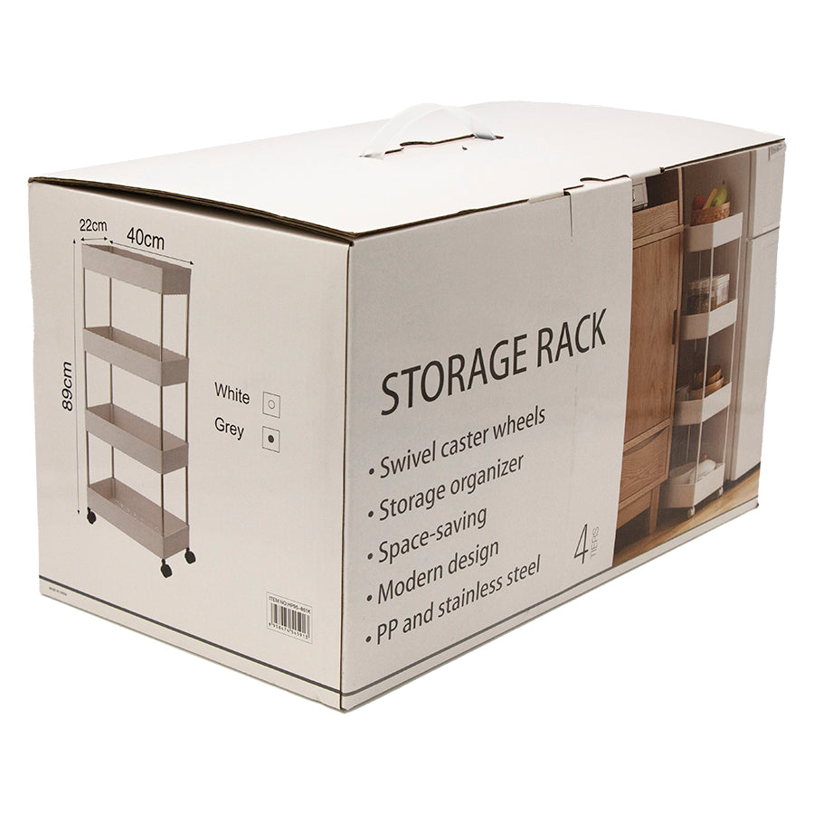 STORAGE RACK 4 SHELF BLACK ON SWIVEL WHEELS PP AND ST STEEL, 400X200MM