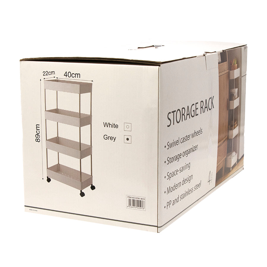 STORAGE RACK 4 SHELF BLACK ON SWIVEL WHEELS PP AND ST STEEL, 400X200MM