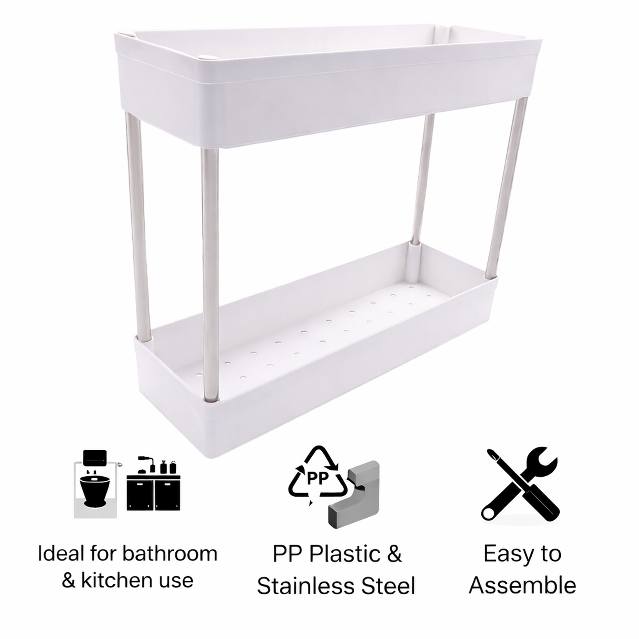 STORAGE RACK 2 SHELF WHITE PP PLASTIC AND STAINLESS STEEL,