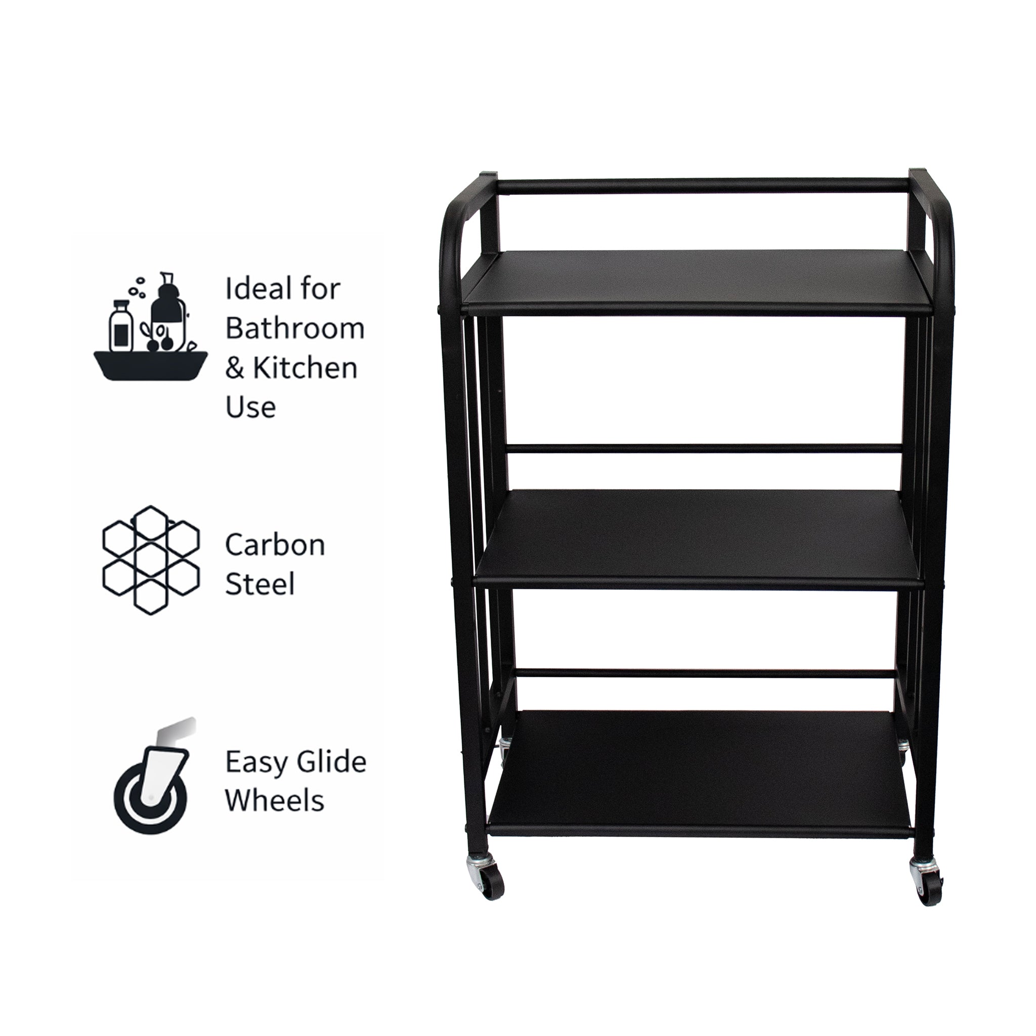 STORAGE RACK MULTI PURPOSE 3 SHELF BLACK P.C. METAL ON CASTERS, 500X320X760MM