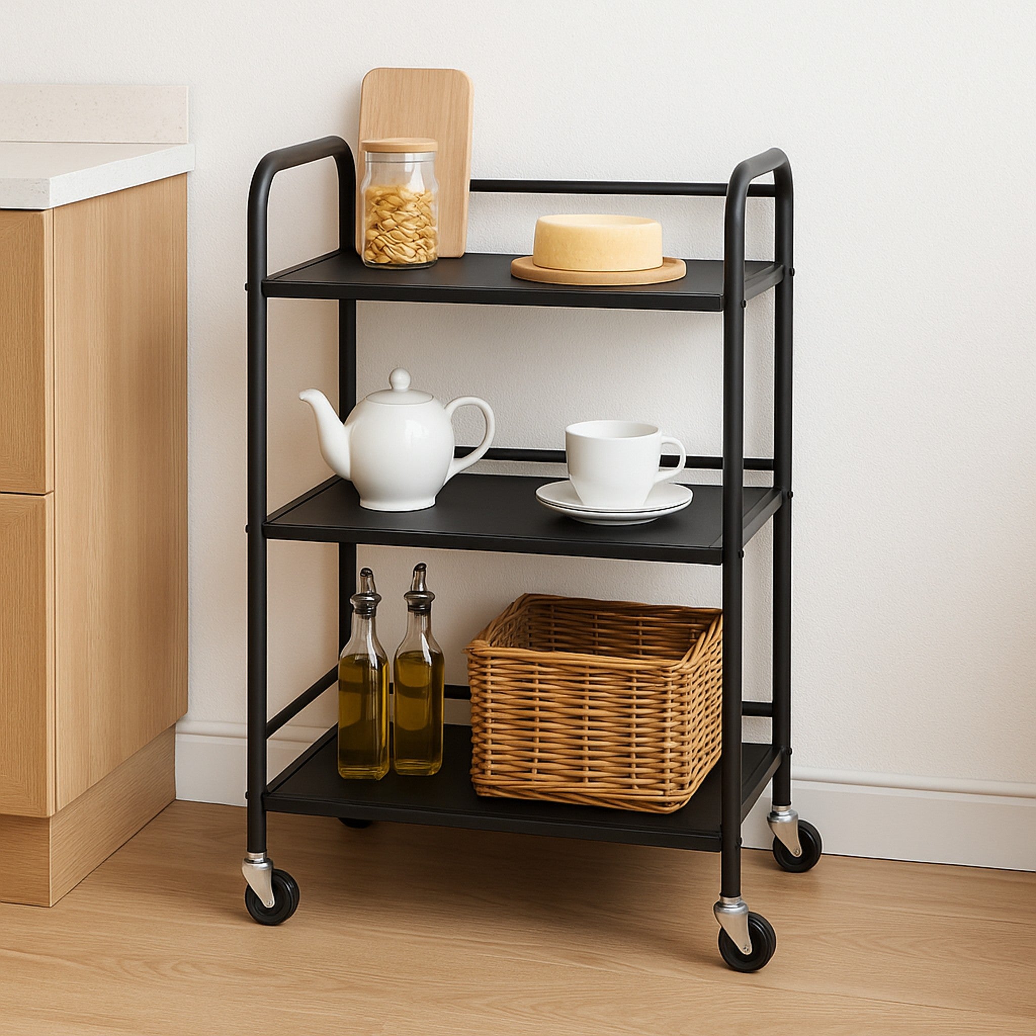 STORAGE RACK MULTI PURPOSE 3 SHELF BLACK P.C. METAL ON CASTERS, 500X320X760MM