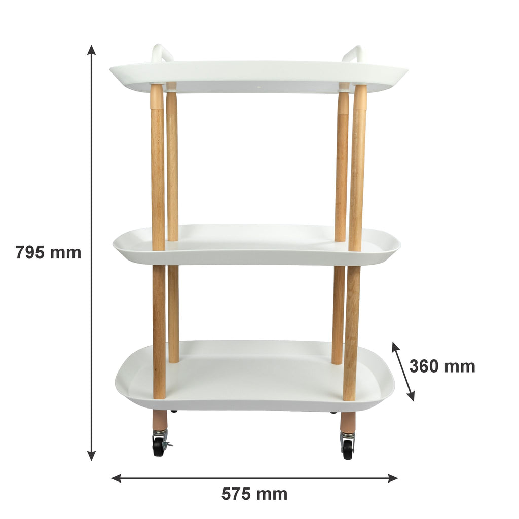 STORAGE RACK 3 SHELF WHITE PLASTIC AND WOOD ON CASTERS, 575X360MM – HCS ...