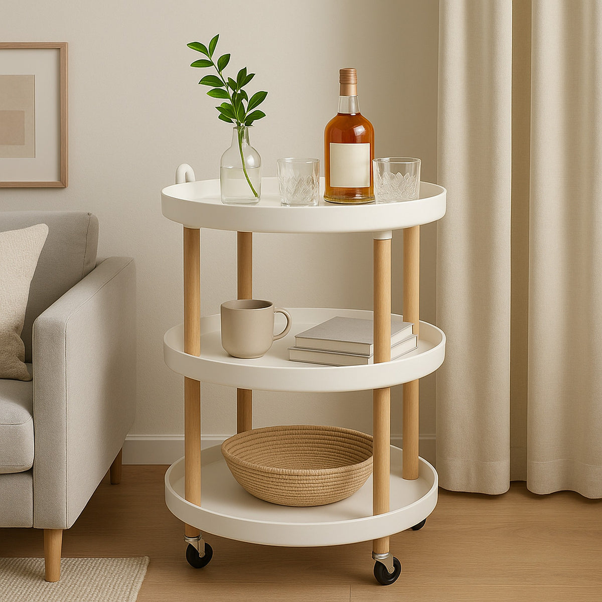 STORAGE RACK ROUND 3 SHELF WHITE PLASTIC AND WOOD ON CASTERS, 810X475MM DIA