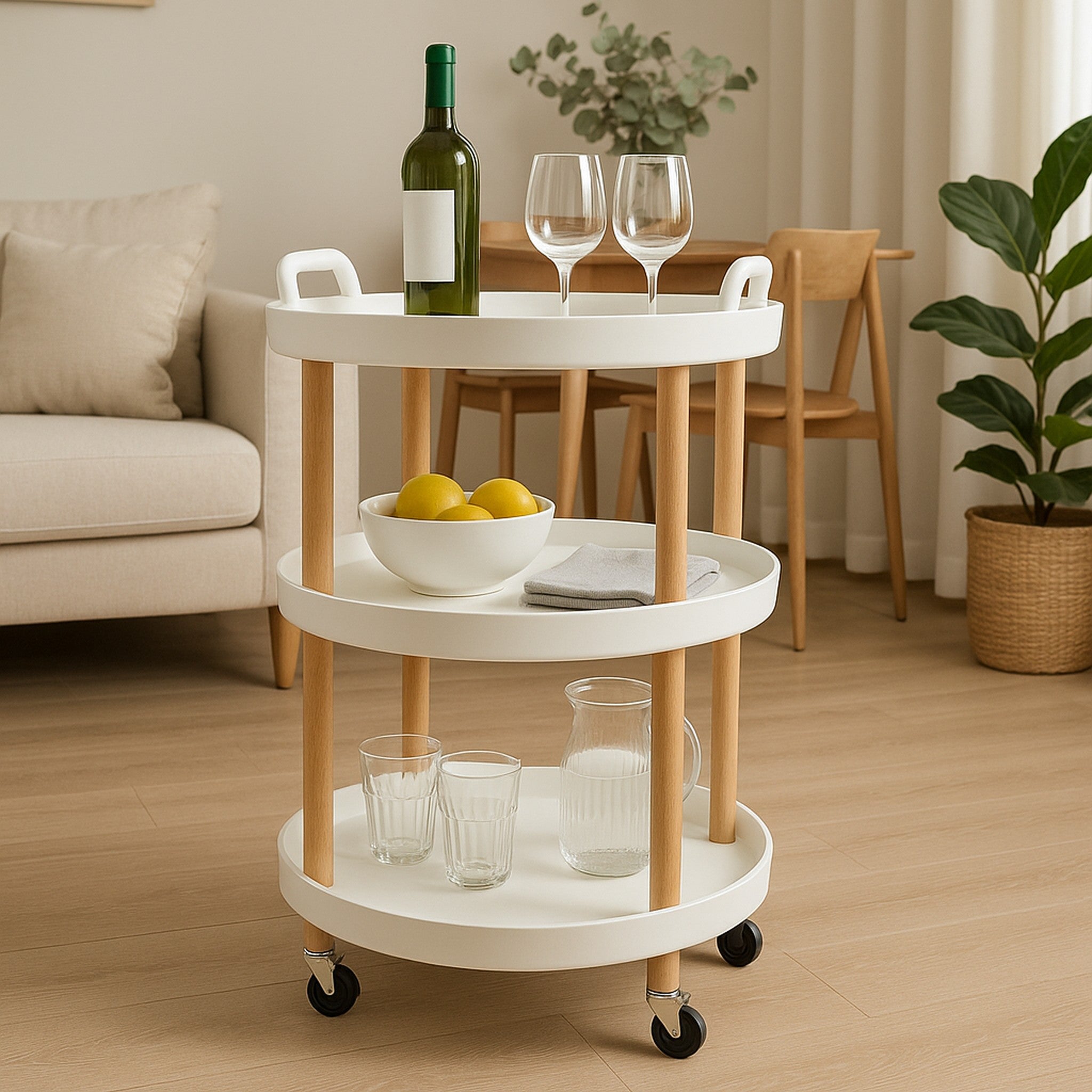 STORAGE RACK ROUND 3 SHELF WHITE PLASTIC AND WOOD ON CASTERS, 810X475MM DIA