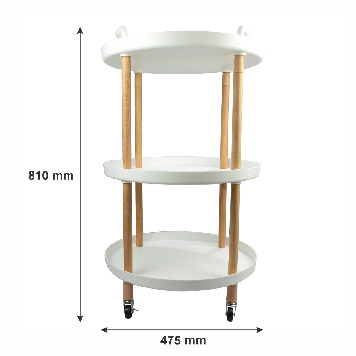 STORAGE RACK ROUND 3 SHELF WHITE PLASTIC AND WOOD ON CASTERS, 810X475MM DIA