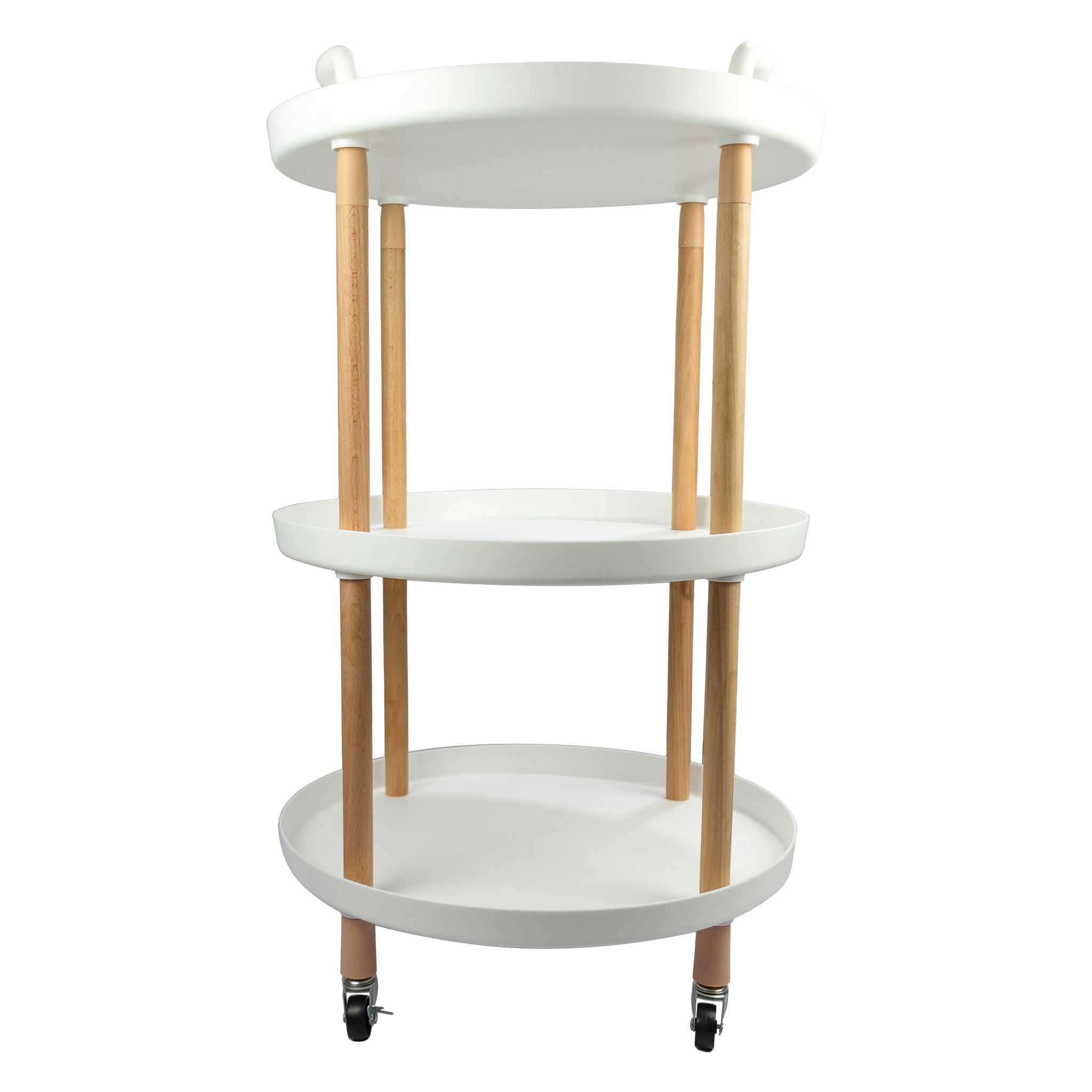 STORAGE RACK ROUND 3 SHELF WHITE PLASTIC AND WOOD ON CASTERS, 810X475MM DIA