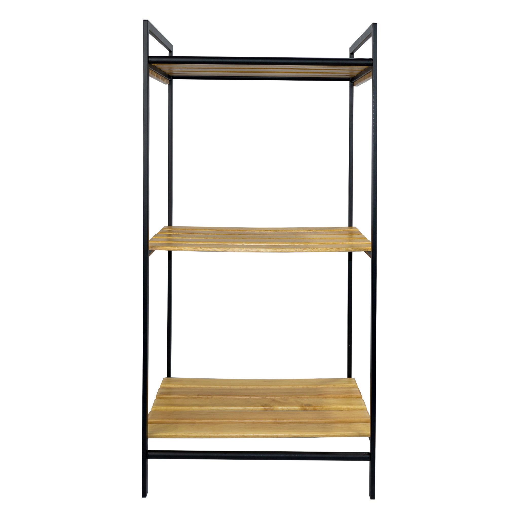 MULTI PURPOSE STORAGE RACK 3 BAMBOO SHELVES ON BLACK METAL FRAME, 415X330MM