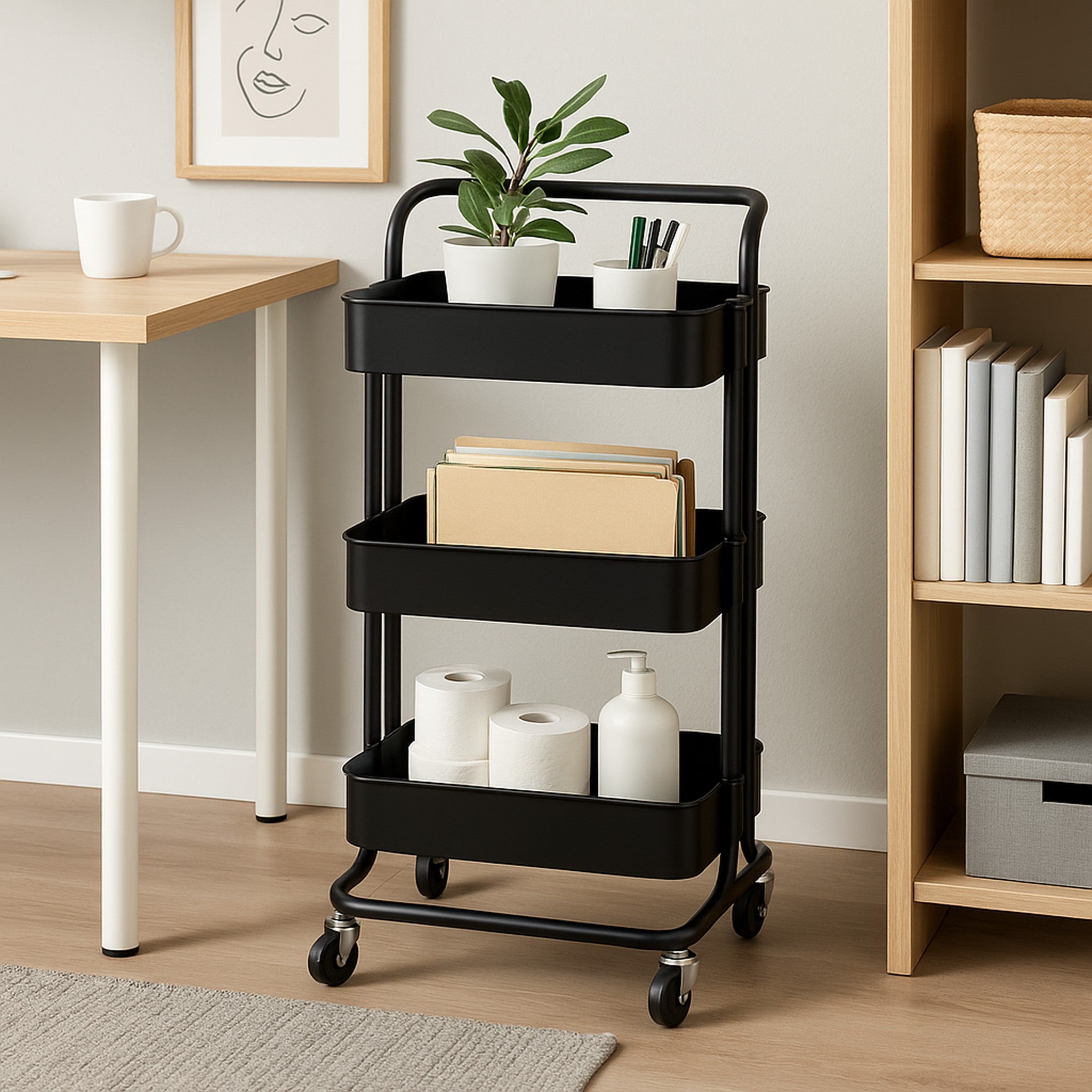 STORAGE RACK 3 PLASTIC SHELVES ON METAL FRAME BLACK ON CASTERS, 405X390MM
