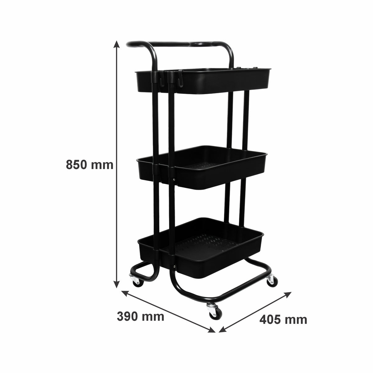 STORAGE RACK 3 PLASTIC SHELVES ON METAL FRAME BLACK ON CASTERS, 405X390MM