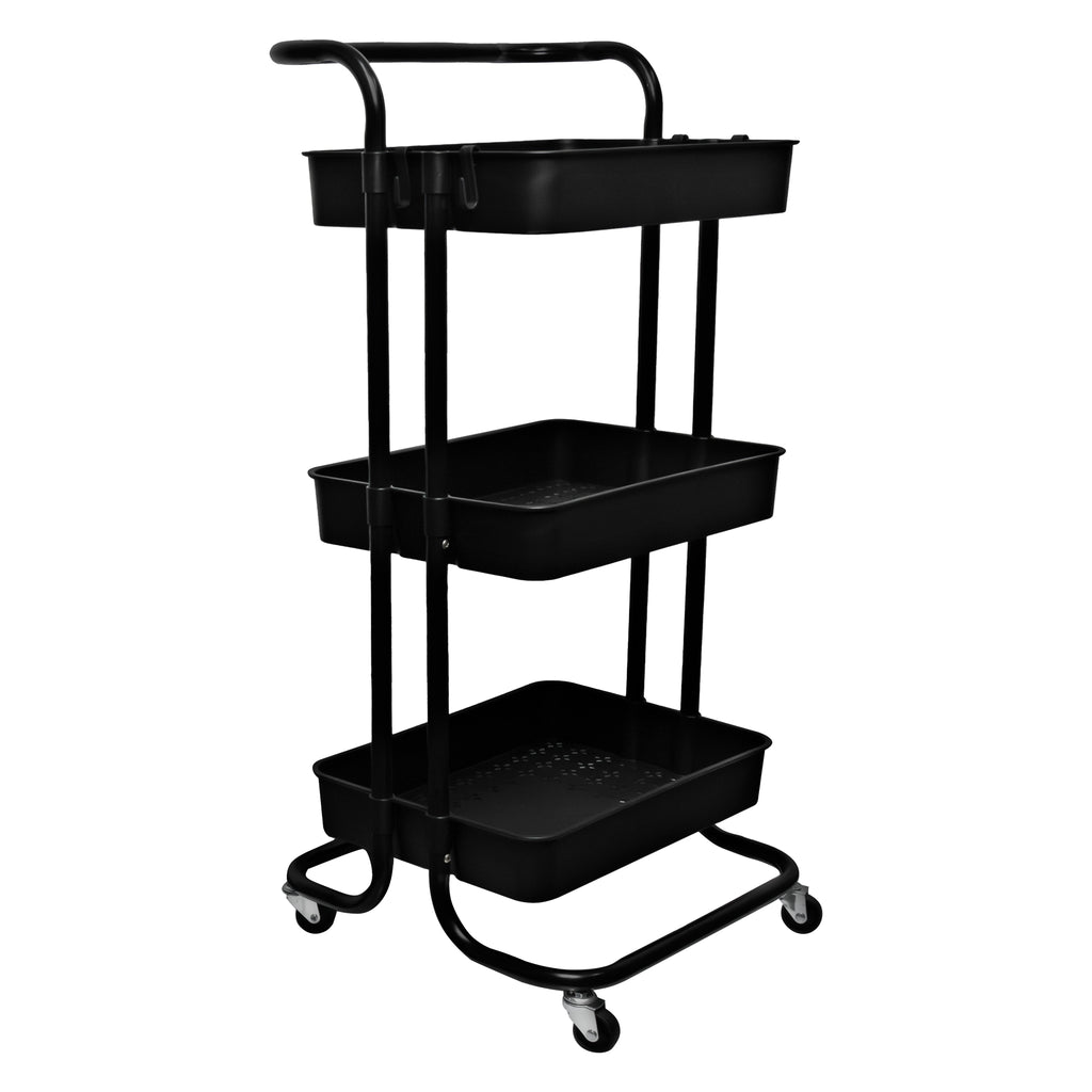 STORAGE RACK 3 PLASTIC SHELVES ON METAL FRAME BLACK ON CASTERS, 405X390MM
