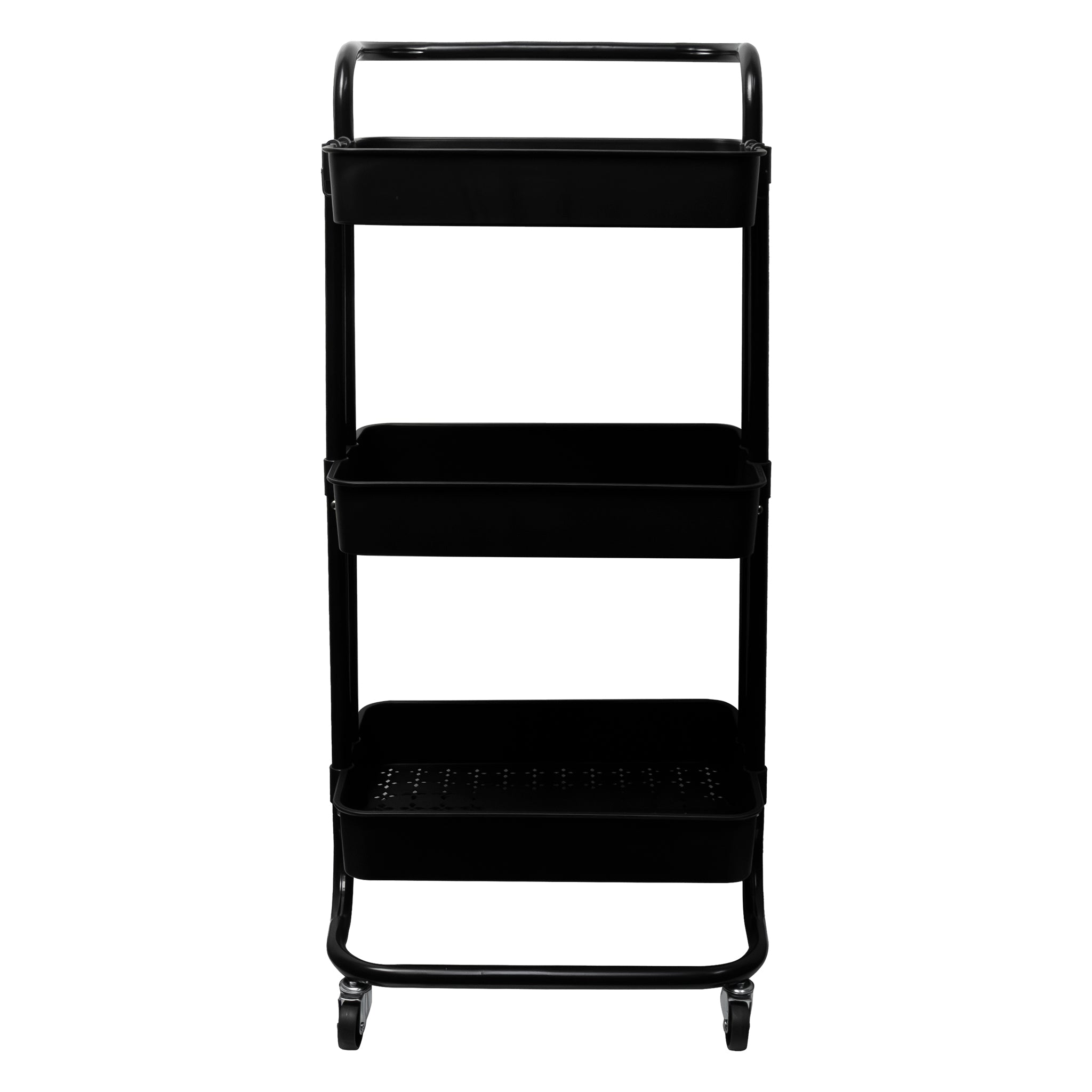 STORAGE RACK 3 PLASTIC SHELVES ON METAL FRAME BLACK ON CASTERS, 405X390MM