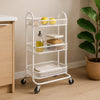 STORAGE RACK 3 WHITE WIRE MESH SHELVES ON A METAL FRAME ON CASTERS, 455X345MM