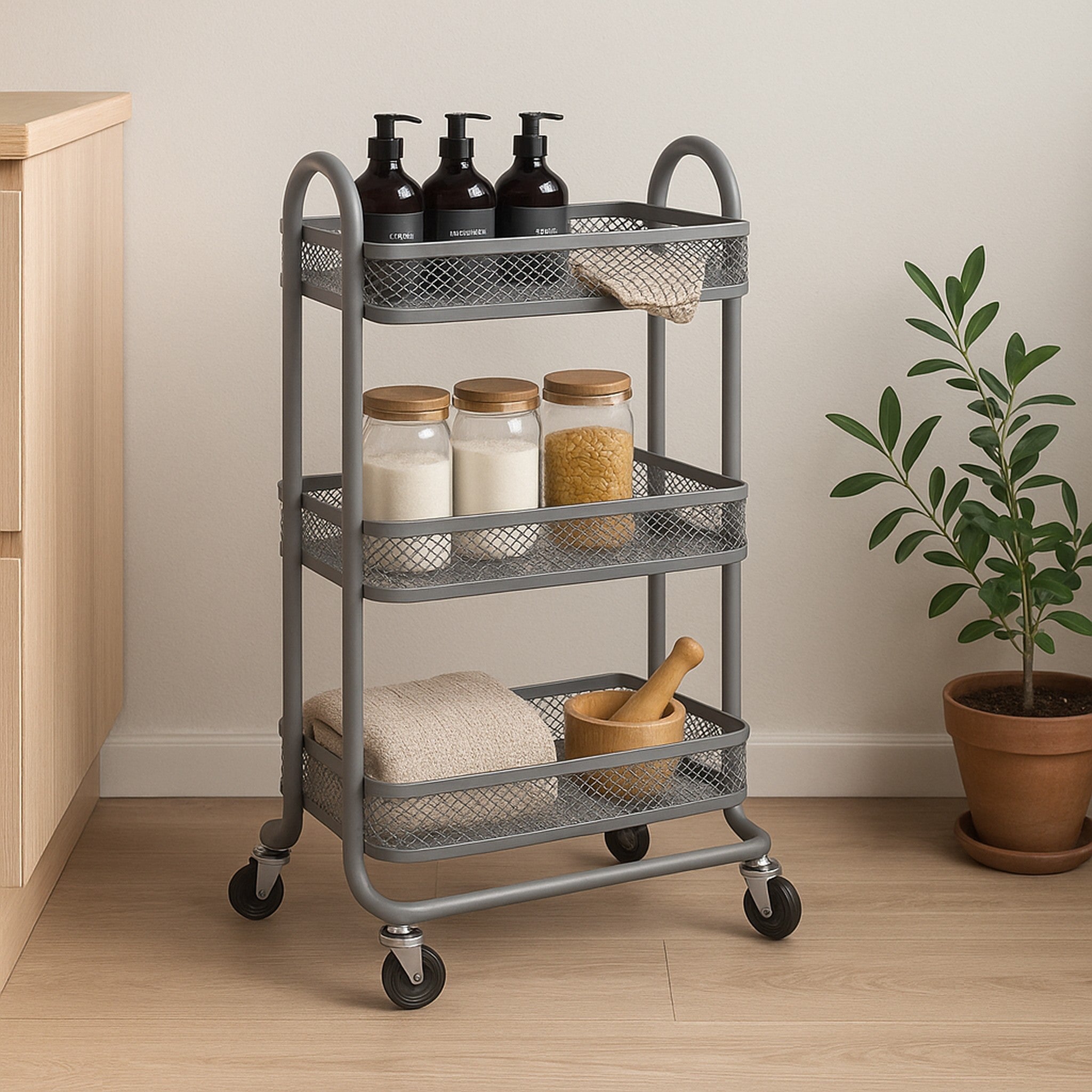STORAGE RACK 3 GREY WIRE MESH SHELVES ON A METAL FRAME ON CASTERS, 455X345MM