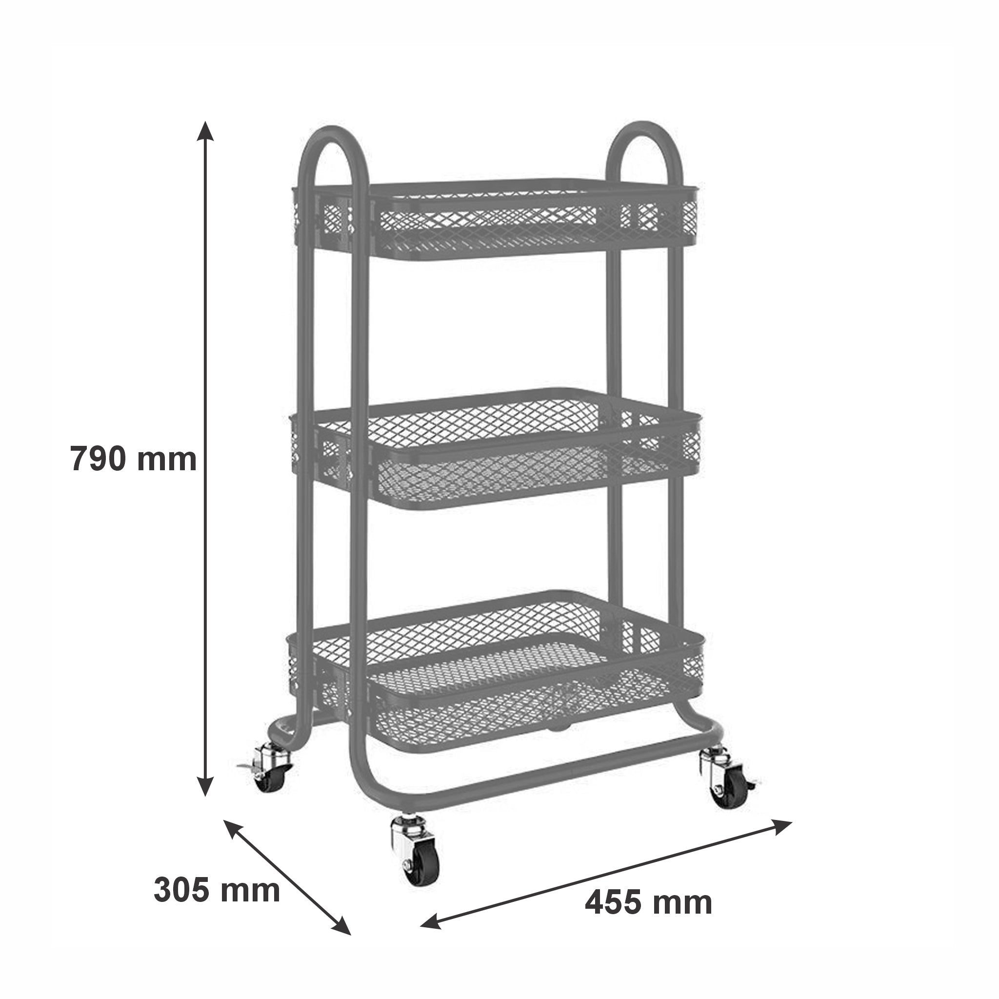 STORAGE RACK 3 GREY WIRE MESH SHELVES ON A METAL FRAME ON CASTERS, 455X345MM