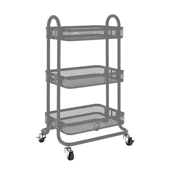 STORAGE RACK WITH 3 GREY WIRE MESH SHELVES ON METAL FRAME WITH CASTERS,
