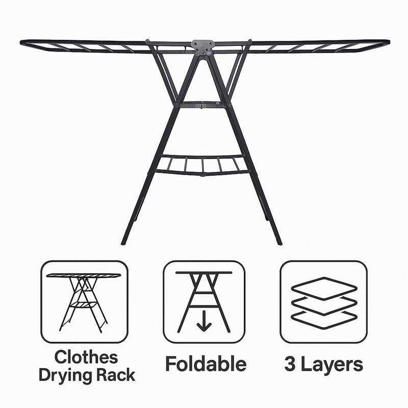 CLOTHES DRYING RACK 3 LAYER FOLDABLE GREY, 1600X450MM
