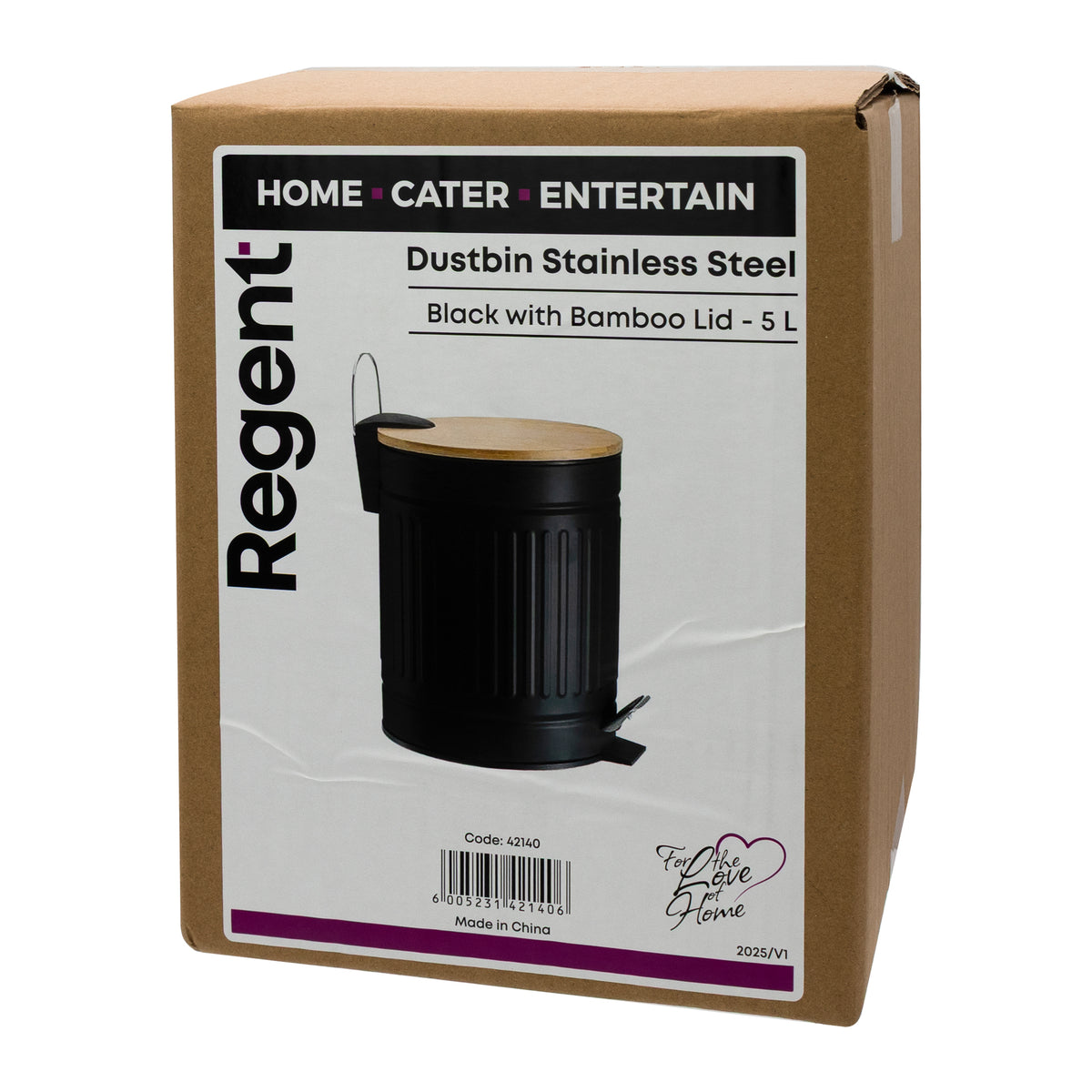 REGENT DUSTBIN STAINLESS STEEL BLACK WITH BAMBOO LID, 5L